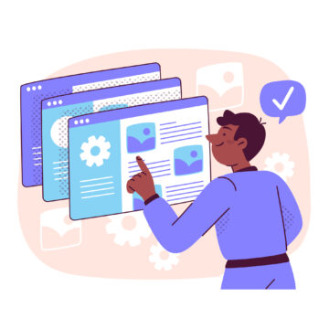 Illustration d'un professionnel explorant des sites web de développement web et les services pour PME de l'agence marketing StrategiMark.